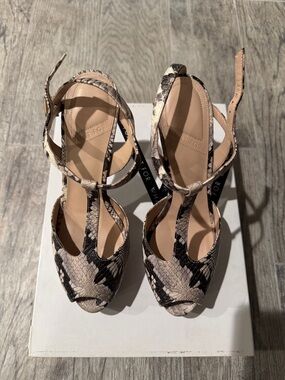 Women’s Snake-Print T-Strap Heels - Neutral Beige